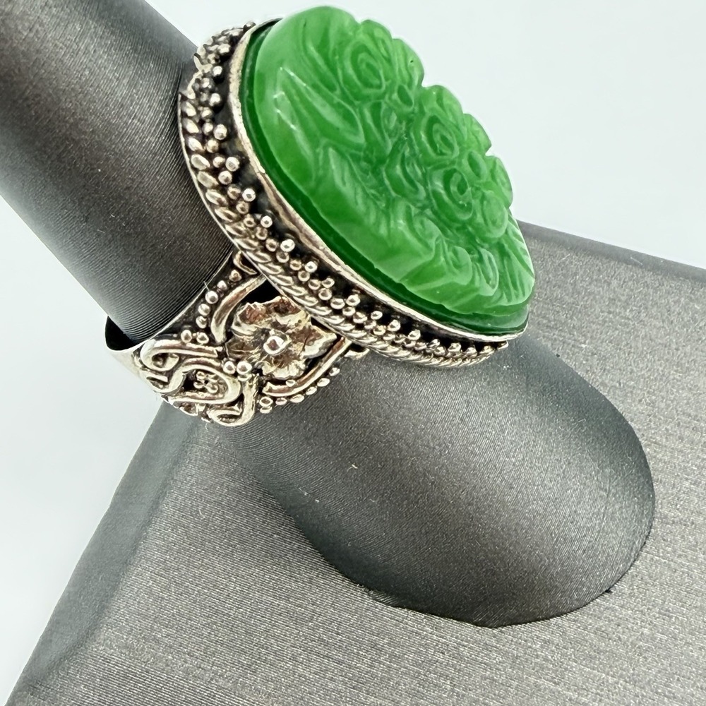 Vtg 925 Sterling Silver Carved Jade Ring Statement Teardrop Size 7.25 Estate